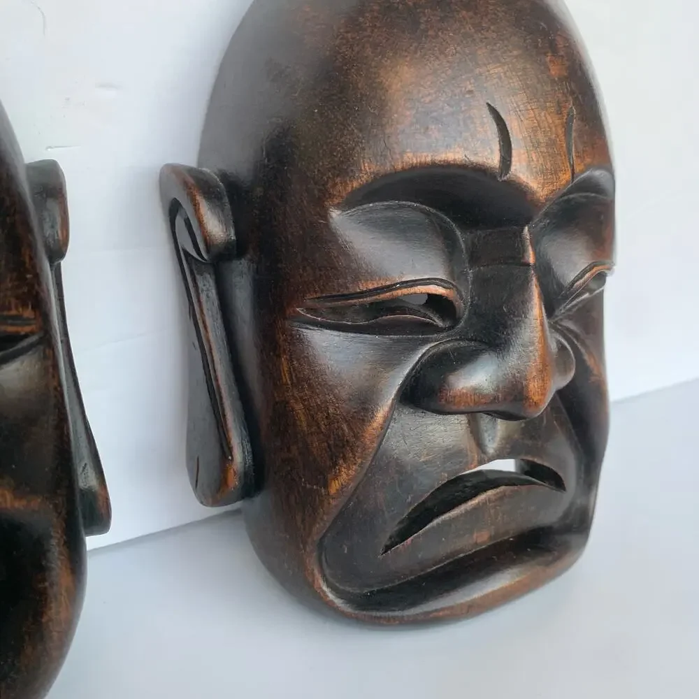 Vintage Mid Century Carved Wood Buddha Masks Wall Art